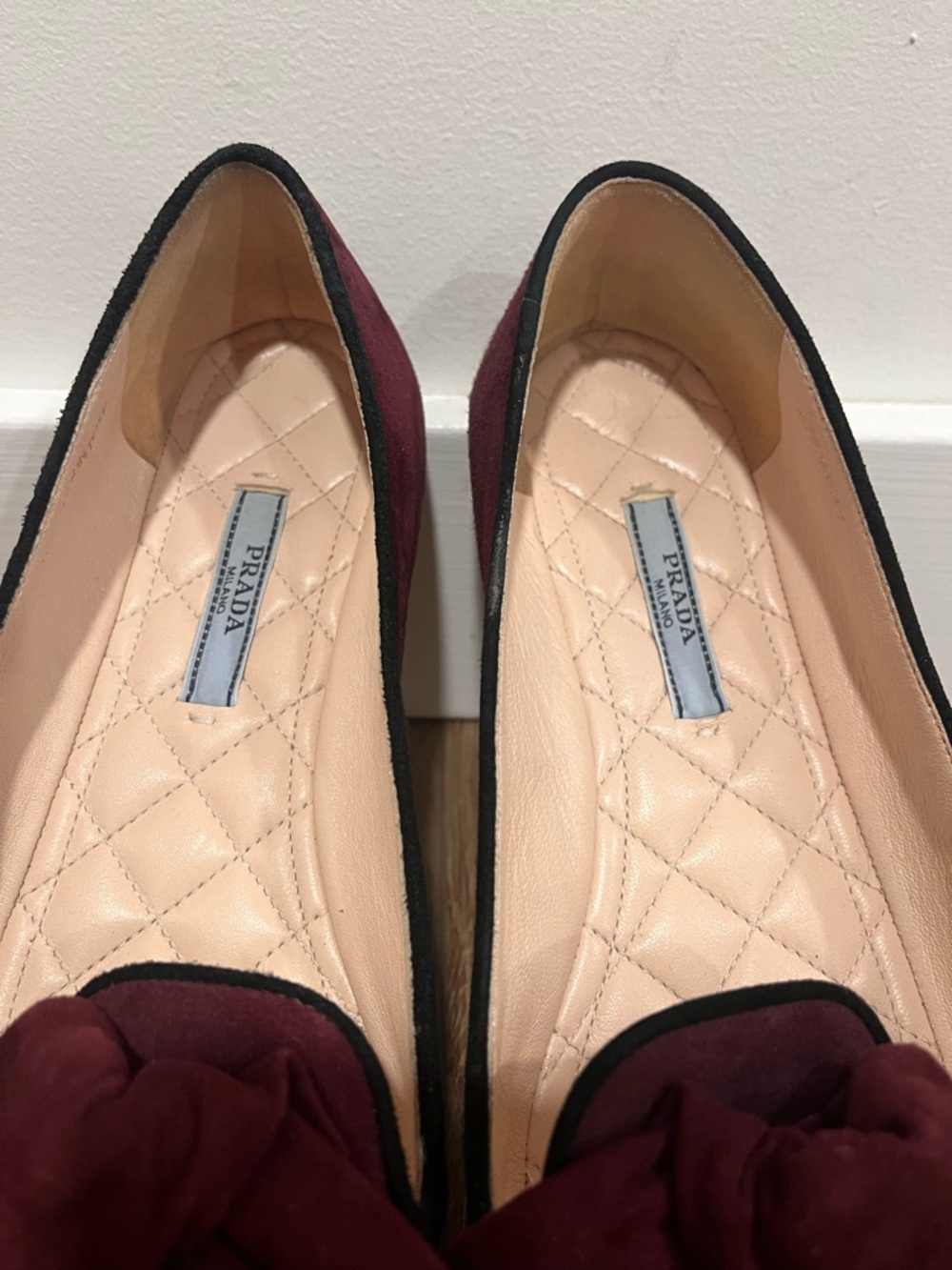PRADA Red-burgundy-hued Suede Bow Flats/Smoking Slippers - Picture 4 of 15